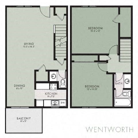 A floor plan of a two-bedroom apartment with a living room, dining room, kitchen, and balcony.